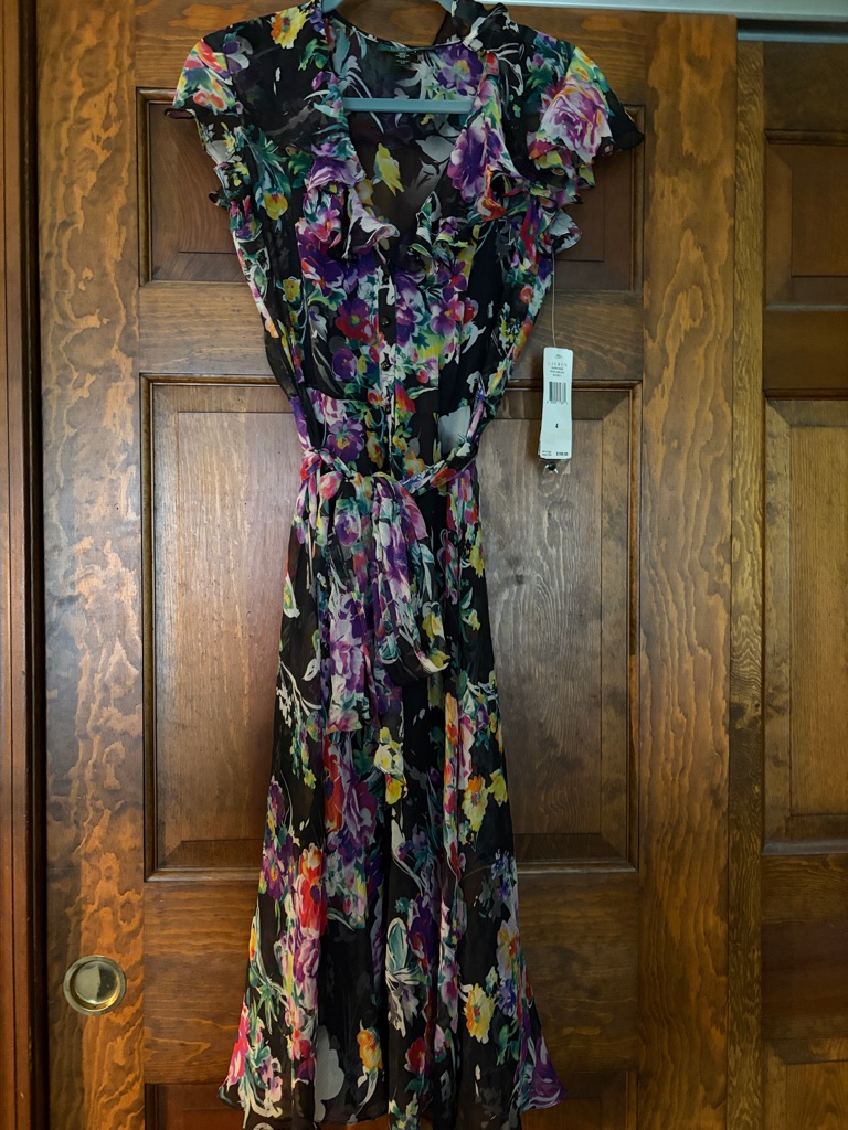 Lauren Ralph Lauren Black Floral Ruffle Wrap Midi Dress